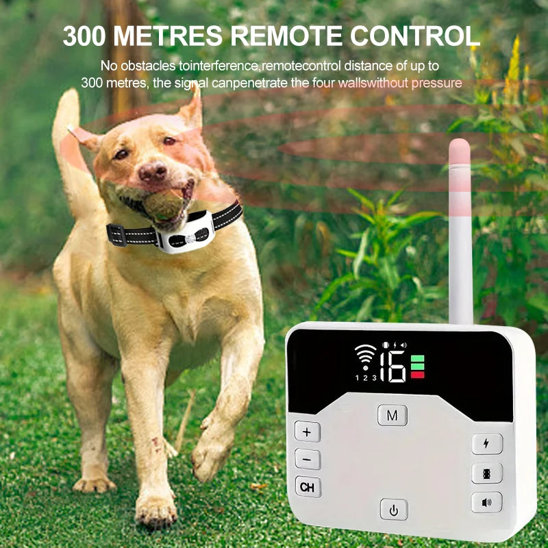 "Clôture sans fil 2-en-1, collier de dressage étanche, rechargeable, 300m de portée, pour chiens, sécurité optimale."