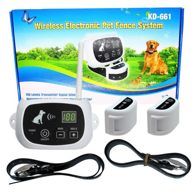 "Clôture sans fil pour chiens avec technologie invisible, résistante aux intempéries et support d'entraînement intégré."