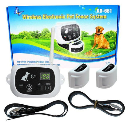 "Clôture sans fil pour chiens avec technologie invisible, résistante aux intempéries et support d'entraînement intégré."