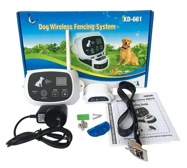 "Clôture sans fil pour chiens avec technologie invisible, résistante aux intempéries et support d'entraînement intégré."