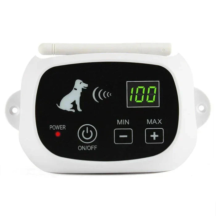 "Clôture sans fil pour chiens avec technologie invisible, résistante aux intempéries et support d'entraînement intégré."