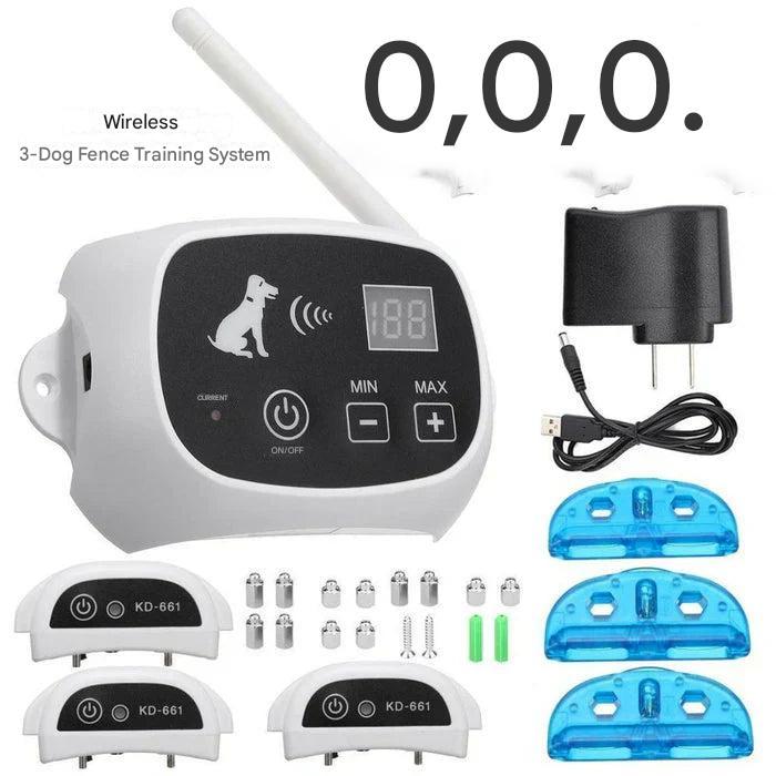 "Clôture sans fil pour chiens avec technologie invisible, résistante aux intempéries et support d'entraînement intégré."