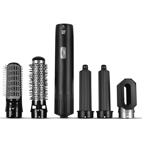 "Coiffeur multifonctionnel 5 en 1 noir, design élégant et compact, idéal pour lisser, boucler et onduler avec efficacité."