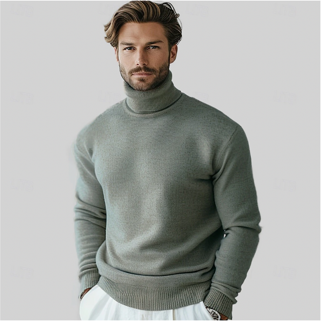 "Col roulé en laine mérinos pour hommes, chaud, élégant, vue de face, texture côtelée fine, idéal pour hiver."