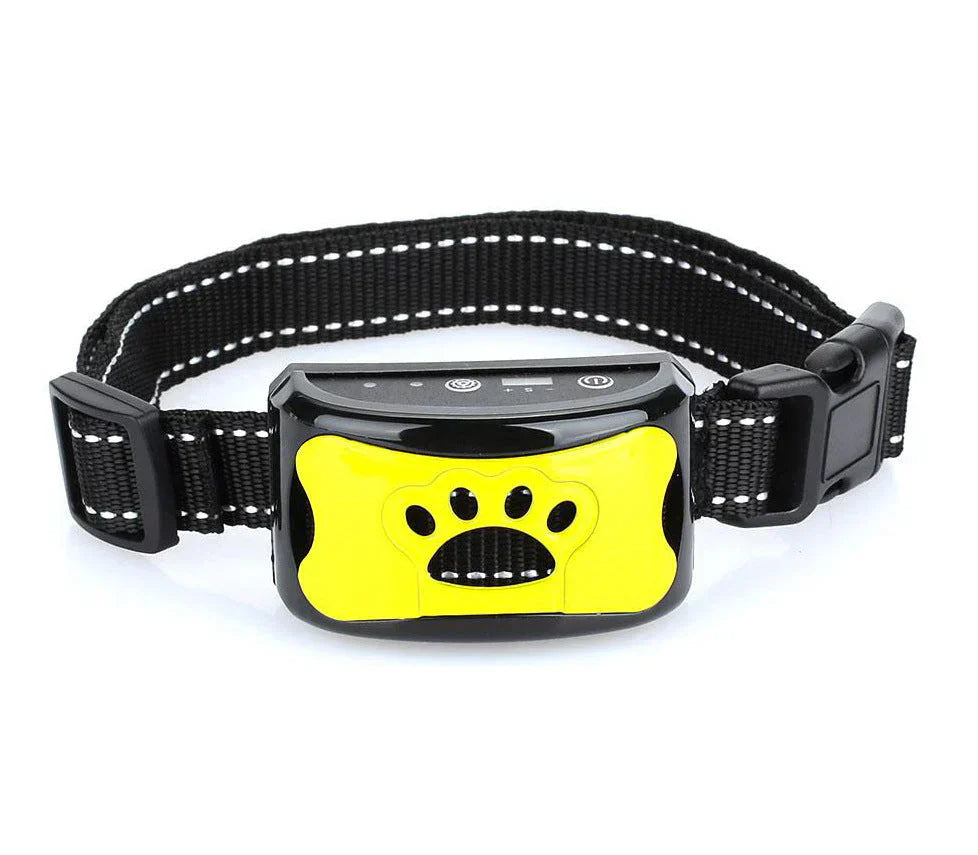 "Collier anti-aboiement chien ergonomique, vibrant, et personnalisable pour une éducation respectueuse et sans stress."