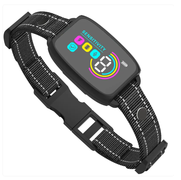 "Collier de dressage pour chien avec télécommande, design ergonomique, 8 niveaux de sensibilité, mode vibration et choc."