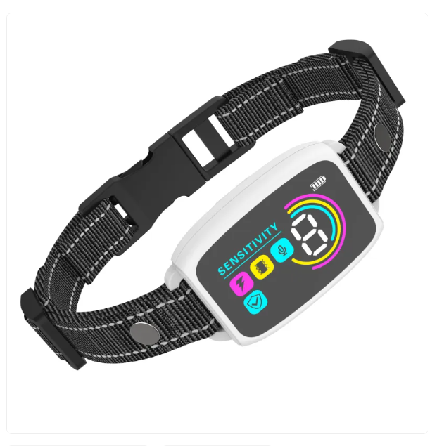 "Collier de dressage pour chien avec télécommande, design ergonomique, 8 niveaux de sensibilité, mode vibration et choc."