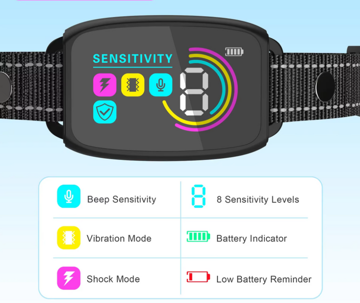 "Collier de dressage pour chien avec télécommande, design ergonomique, 8 niveaux de sensibilité, mode vibration et choc."
