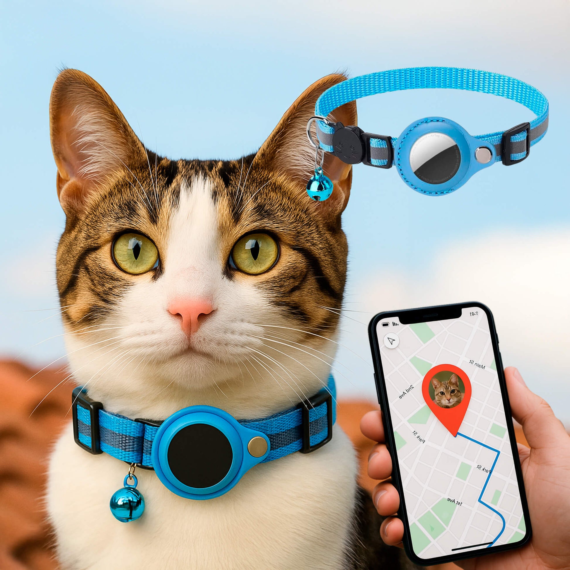 "Collier GPS pour chats, nylon, réfléchissant, fermeture rapide, confortable, visibilité optimale nuit, aventures sécurisées.