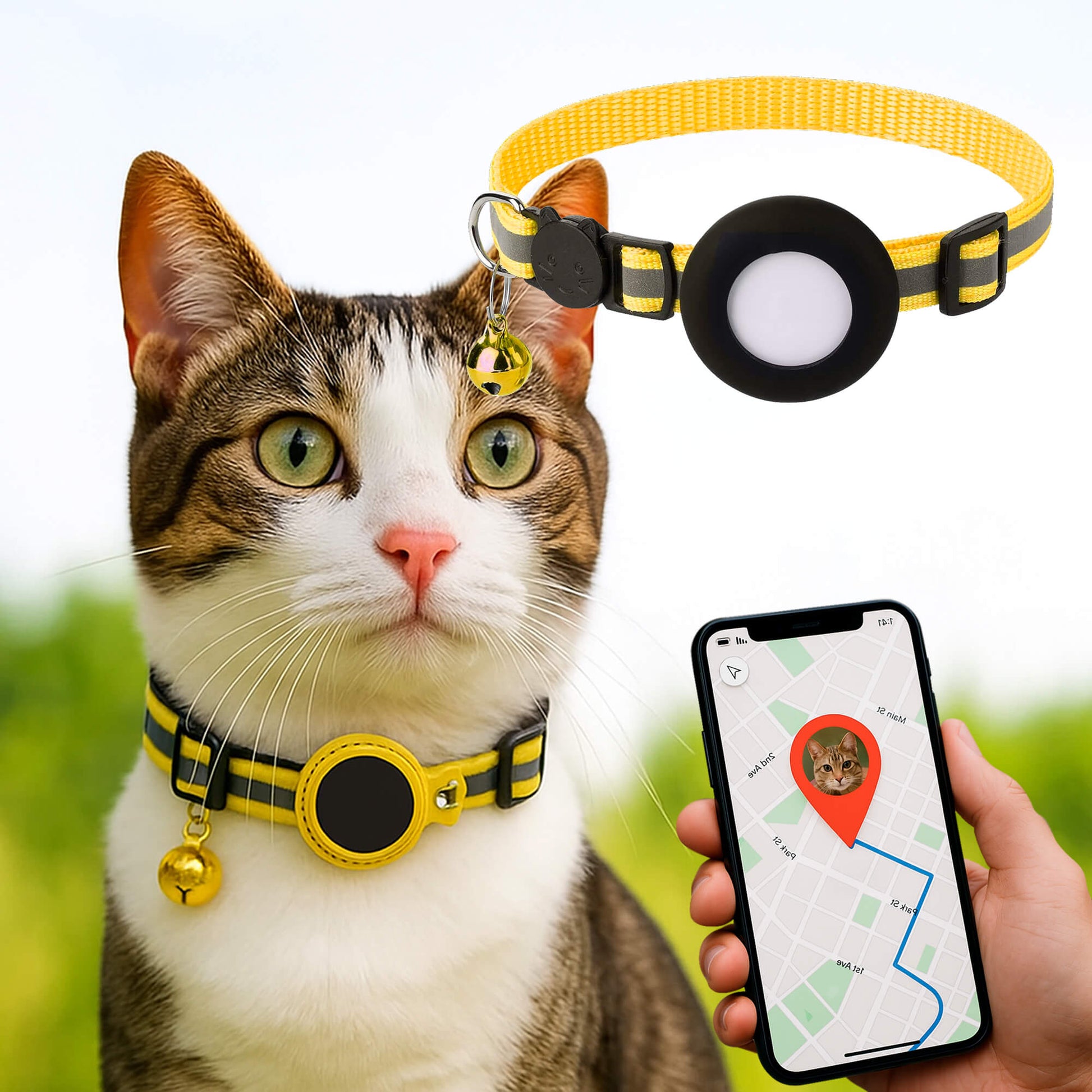 "Collier GPS pour chats, nylon, réfléchissant, fermeture rapide, confortable, visibilité optimale nuit, aventures sécurisées.