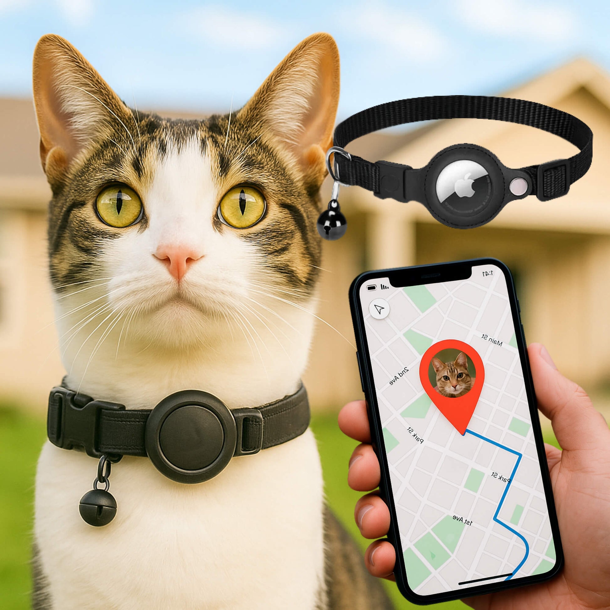 "Collier GPS pour chats, nylon, réfléchissant, fermeture rapide, confortable, visibilité optimale nuit, aventures sécurisées.