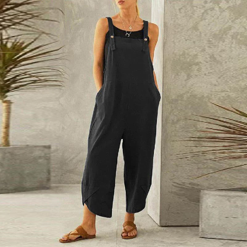 "Combinaison ample bohème pour femme, tissu léger, bretelles réglables, idéale pour un look décontracté et chic."
