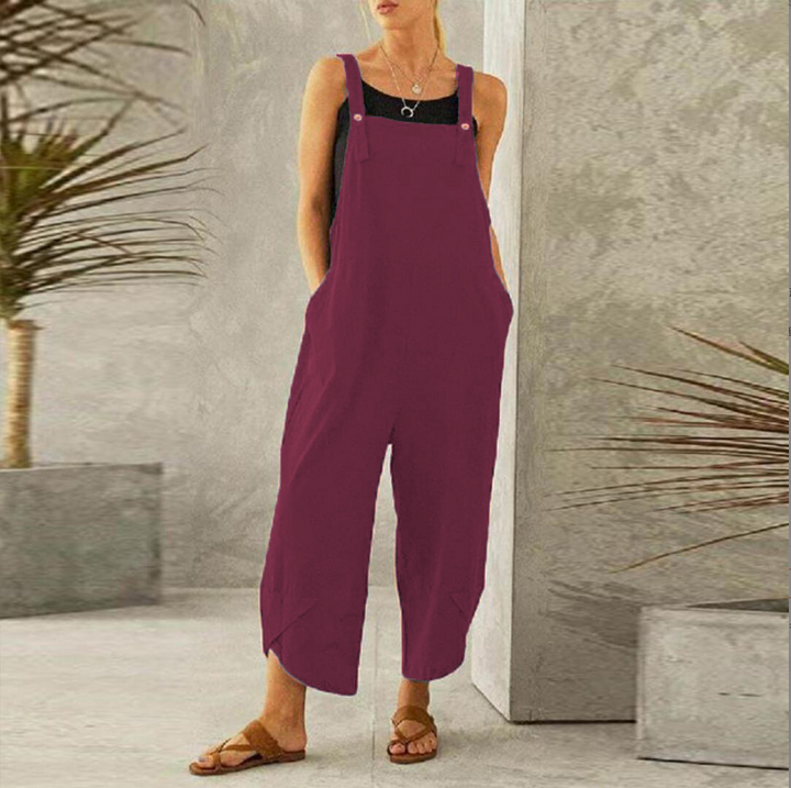 "Combinaison ample bohème pour femme, tissu léger, bretelles réglables, idéale pour un look décontracté et chic."