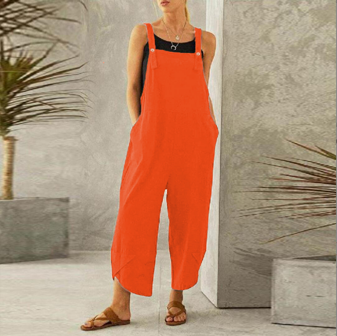 "Combinaison ample bohème pour femme, tissu léger, bretelles réglables, idéale pour un look décontracté et chic."