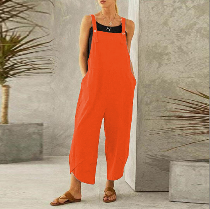 "Combinaison ample bohème pour femme, tissu léger, bretelles réglables, idéale pour un look décontracté et chic."