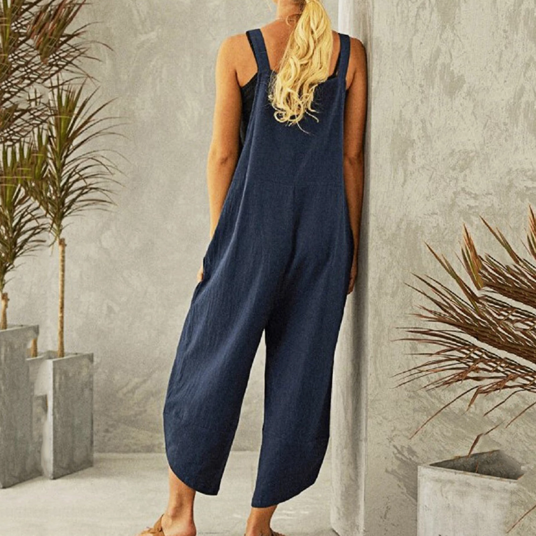 "Combinaison ample bohème pour femme, tissu léger, bretelles réglables, idéale pour un look décontracté et chic."