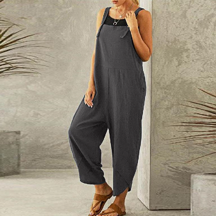 "Combinaison ample bohème pour femme, tissu léger, bretelles réglables, idéale pour un look décontracté et chic."