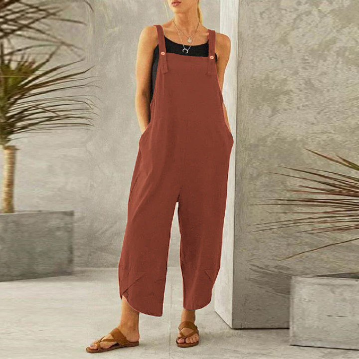 "Combinaison ample bohème pour femme, tissu léger, bretelles réglables, idéale pour un look décontracté et chic."