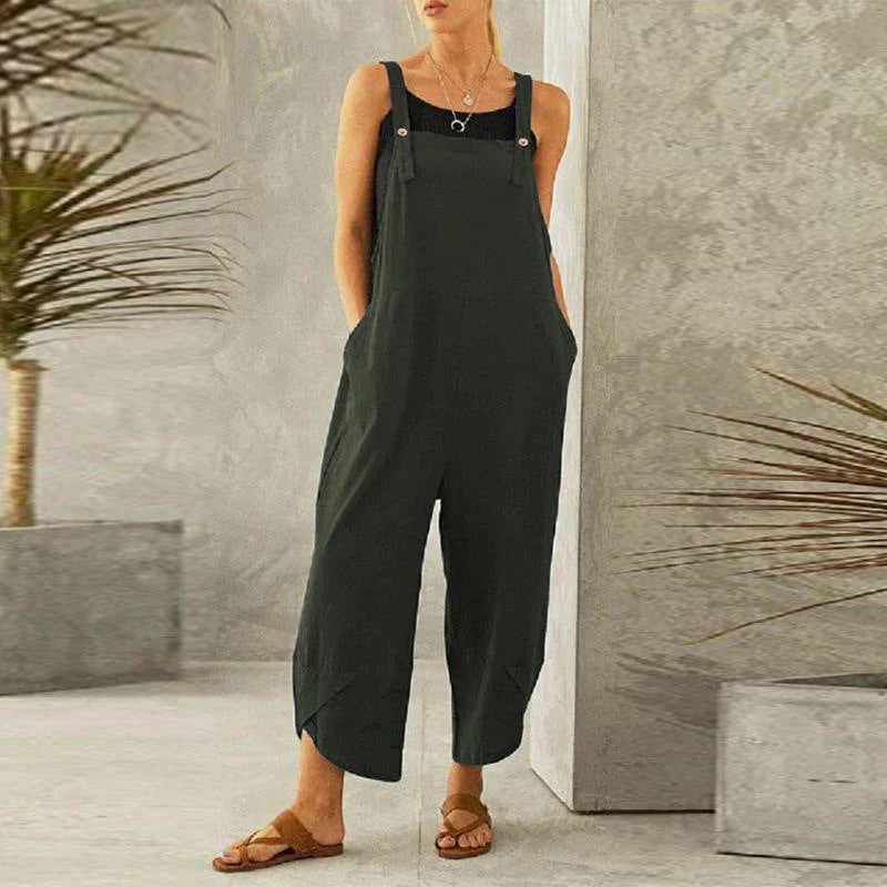 "Combinaison ample bohème pour femme, tissu léger, bretelles réglables, idéale pour un look décontracté et chic."