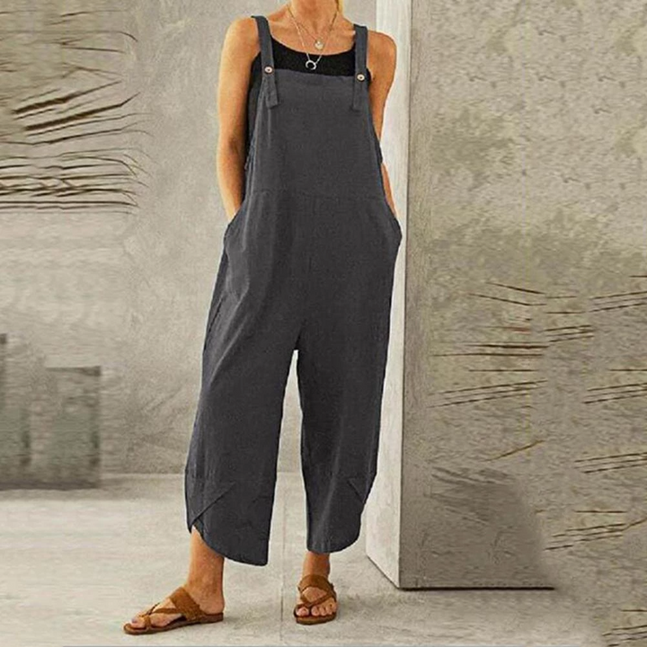 "Combinaison ample bohème pour femme, tissu léger, bretelles réglables, idéale pour un look décontracté et chic."