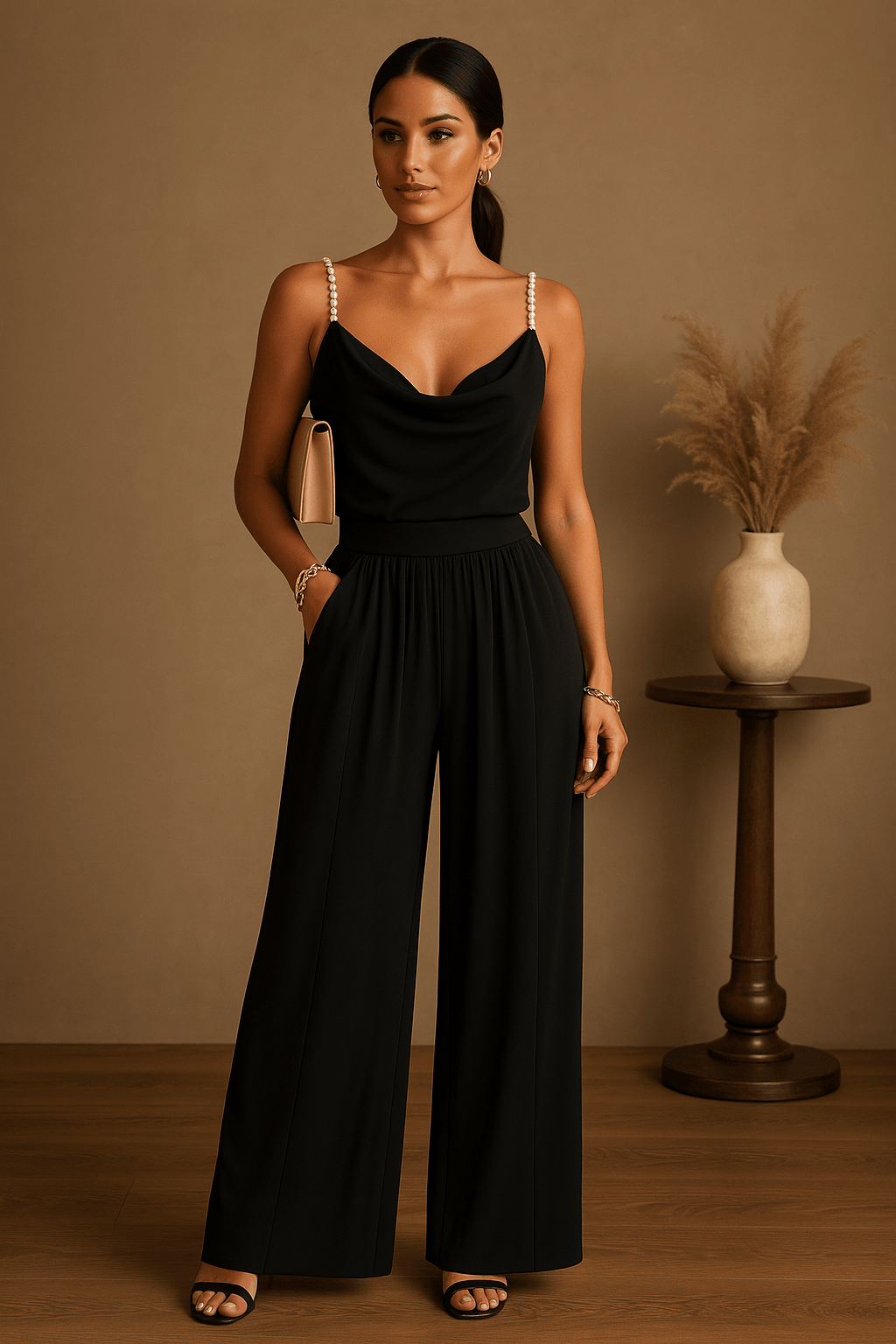 "Combinaison femme chic, décolleté profond, jambes évasées, polyester, idéale mariages et soirées élégantes"