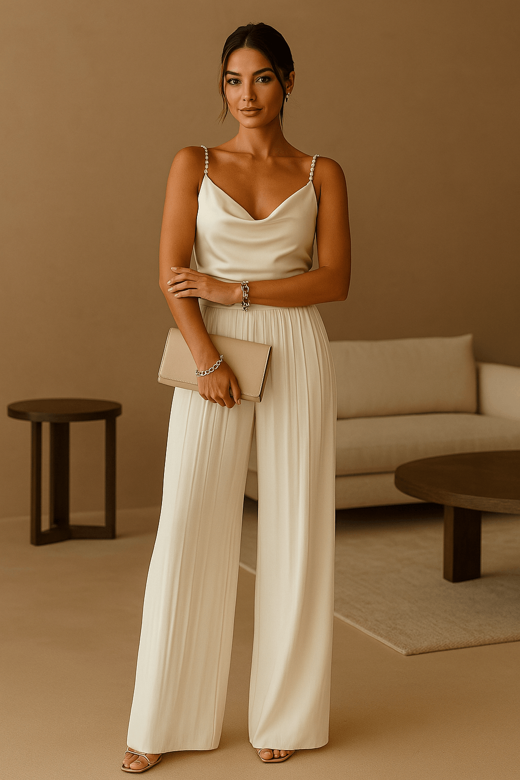 "Combinaison femme chic, décolleté profond, jambes évasées, polyester, idéale mariages et soirées élégantes"