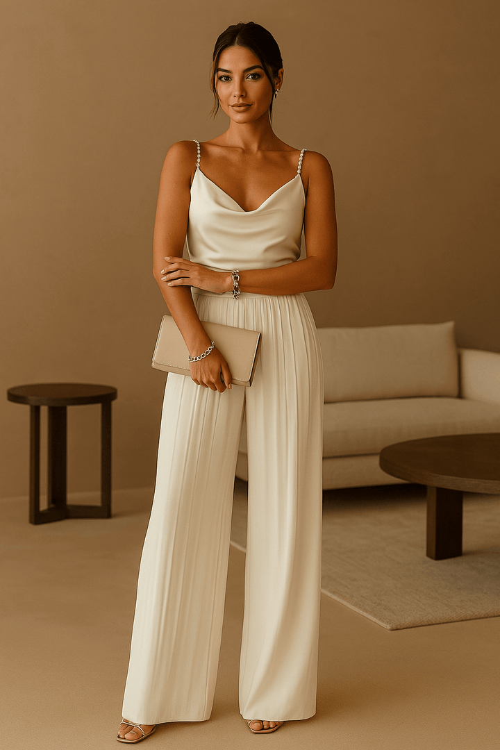 "Combinaison femme chic, décolleté profond, jambes évasées, polyester, idéale mariages et soirées élégantes"