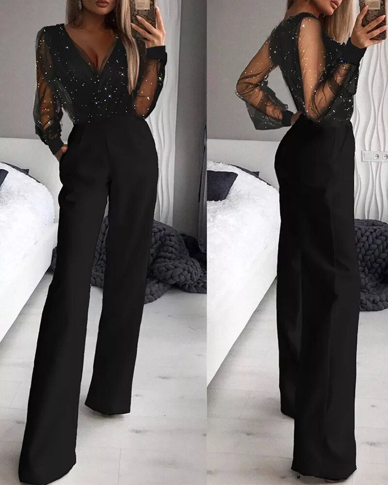 "Combinaison habillée femme, manches semi-transparentes, coupe fluide, décolleté en V, élégante et féminine"