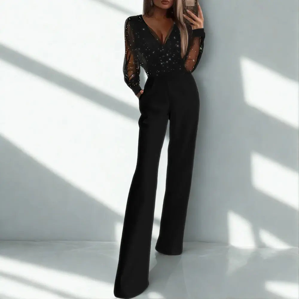 "Combinaison habillée femme, manches semi-transparentes, coupe fluide, décolleté en V, élégante et féminine"