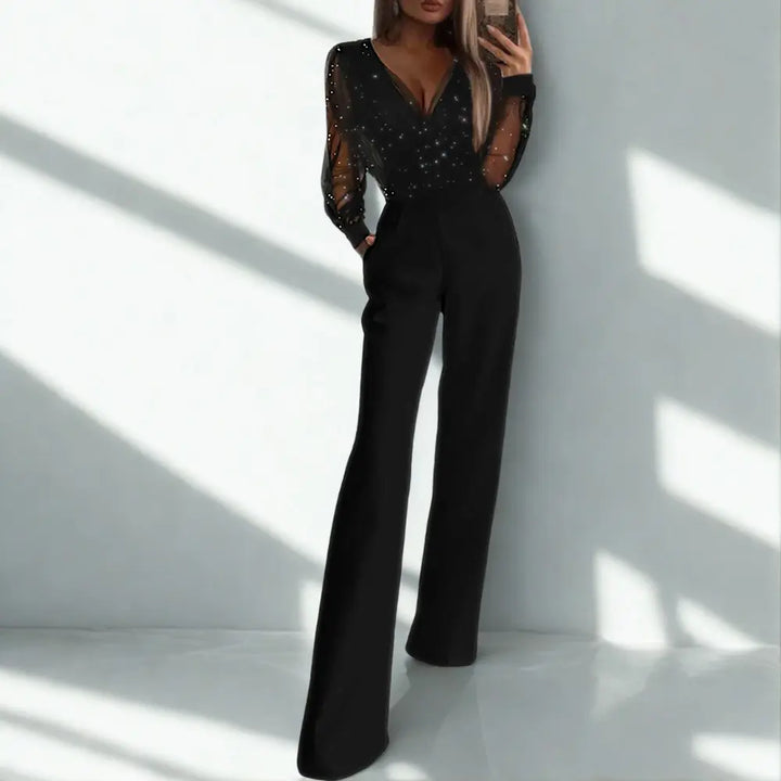 "Combinaison habillée femme, manches semi-transparentes, coupe fluide, décolleté en V, élégante et féminine"