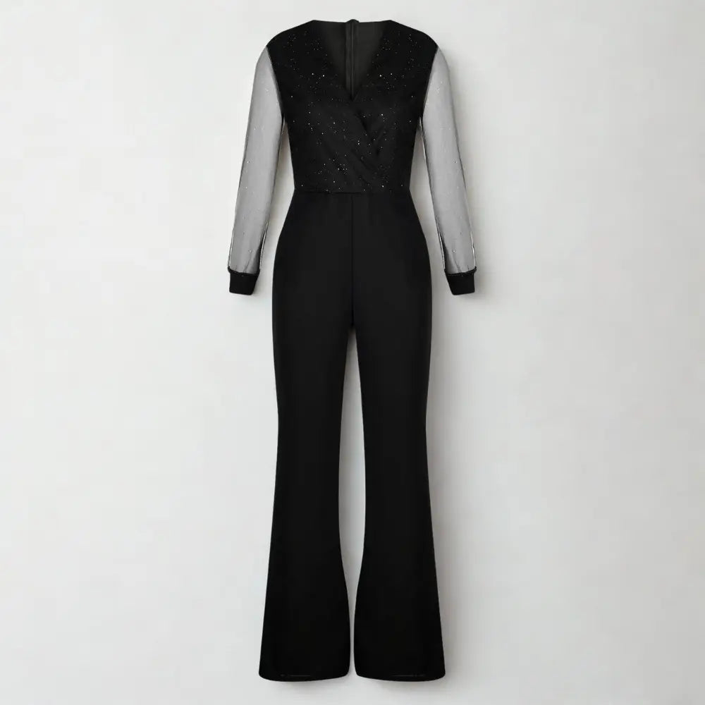 "Combinaison habillée femme, manches semi-transparentes, coupe fluide, décolleté en V, élégante et féminine"