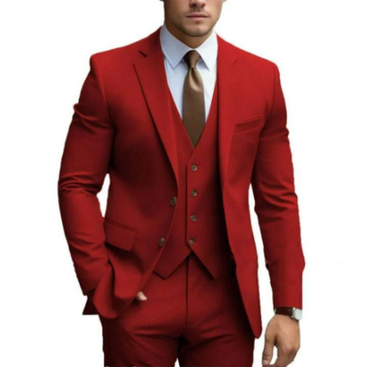 "Costume 3 pièces élégant pour homme, veste, gilet et pantalon, parfait pour mariage, couleur tendance, taille ajustée."
