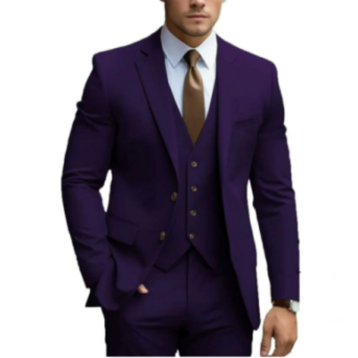 "Costume 3 pièces élégant pour homme, veste, gilet et pantalon, parfait pour mariage, couleur tendance, taille ajustée."