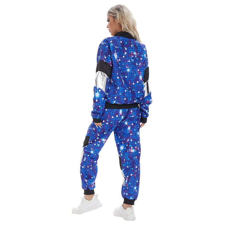 Costume disco années 80 multicolore unisexe, motifs géométriques vifs bleu, rose, violet, idéal fête rétro.