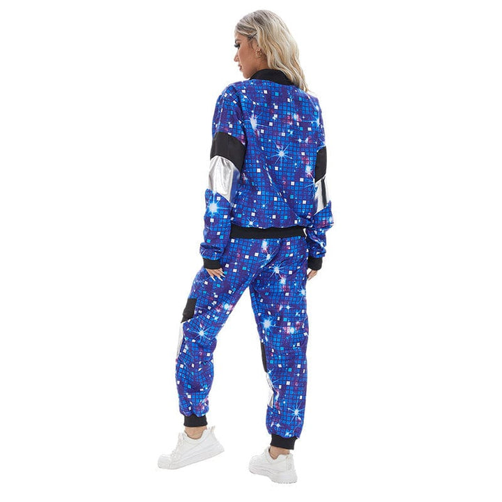 Costume disco années 80 multicolore unisexe, motifs géométriques vifs bleu, rose, violet, idéal fête rétro.