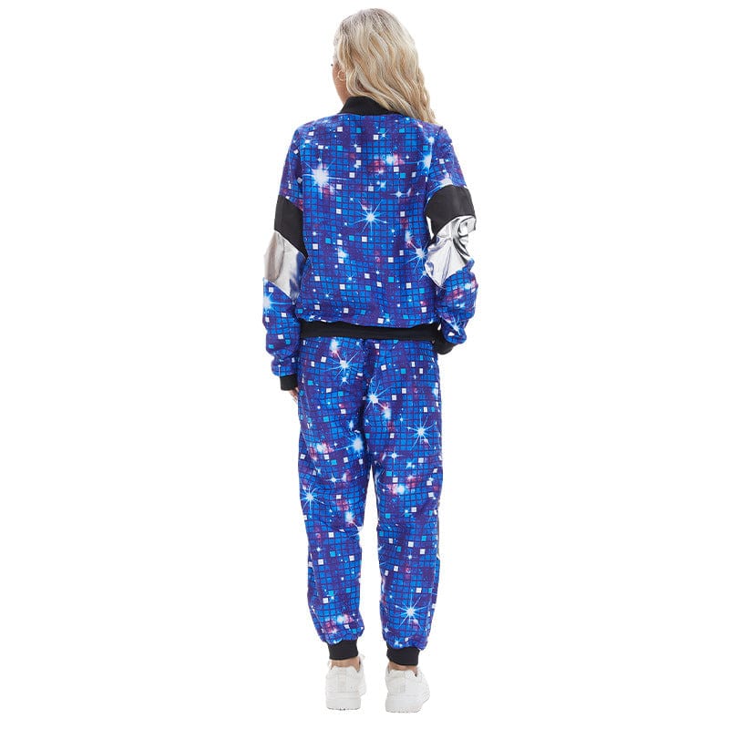Costume disco années 80 multicolore unisexe, motifs géométriques vifs bleu, rose, violet, idéal fête rétro.