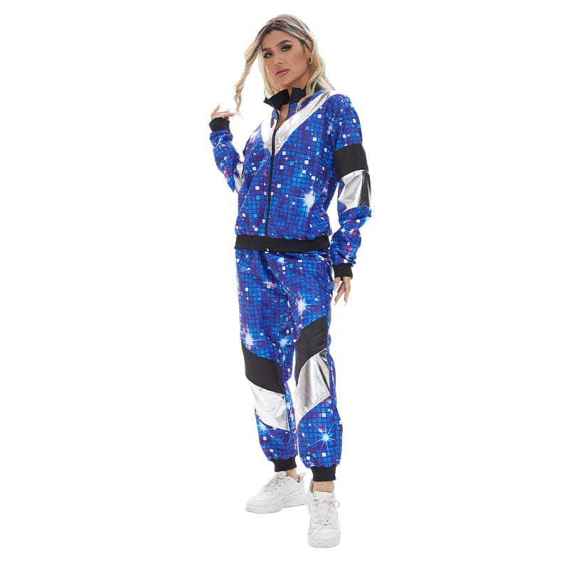 Costume disco années 80 multicolore unisexe, motifs géométriques vifs bleu, rose, violet, idéal fête rétro.