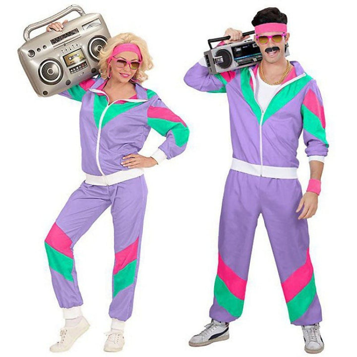 Costume disco années 80 multicolore unisexe, motifs géométriques vifs bleu, rose, violet, idéal fête rétro.
