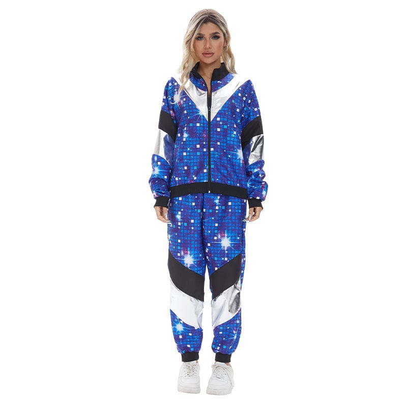 Costume disco années 80 multicolore unisexe, motifs géométriques vifs bleu, rose, violet, idéal fête rétro.