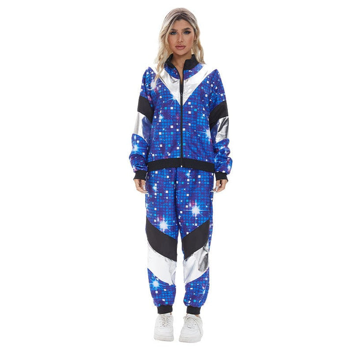 Costume disco années 80 multicolore unisexe, motifs géométriques vifs bleu, rose, violet, idéal fête rétro.