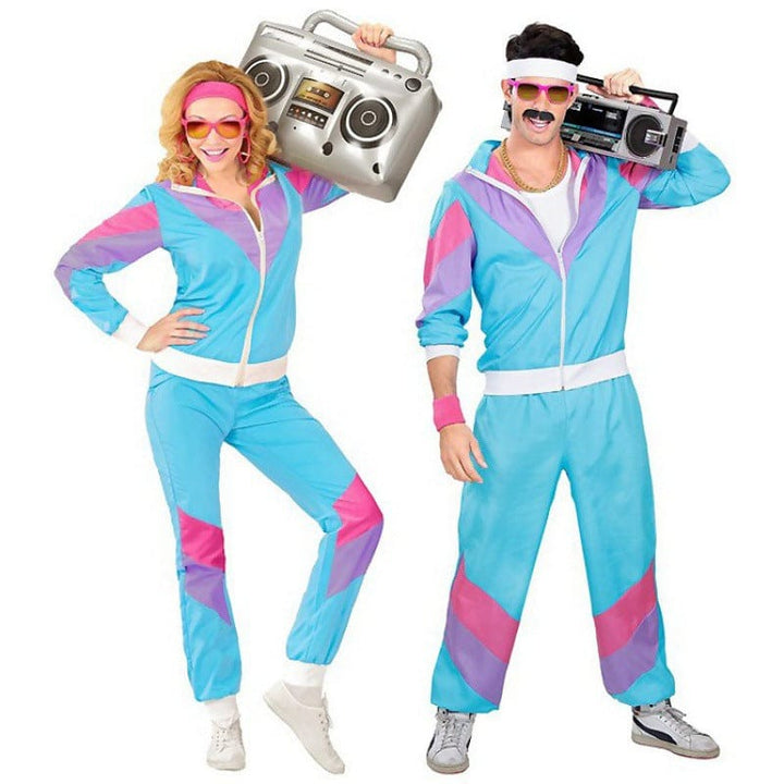 Costume disco années 80 multicolore unisexe, motifs géométriques vifs bleu, rose, violet, idéal fête rétro.