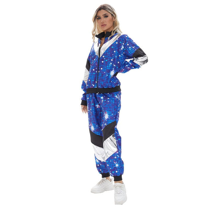 Costume disco années 80 multicolore unisexe, motifs géométriques vifs bleu, rose, violet, idéal fête rétro.