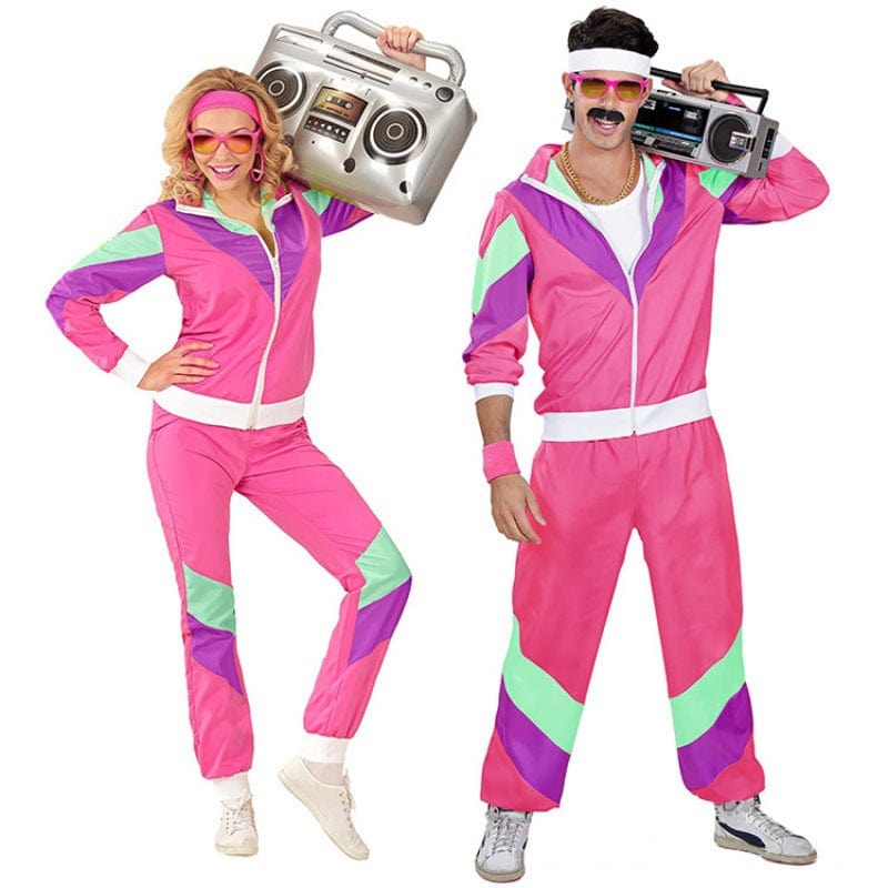 Costume disco années 80 multicolore unisexe, motifs géométriques vifs bleu, rose, violet, idéal fête rétro.