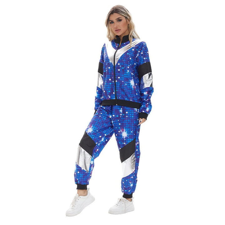 Costume disco années 80 multicolore unisexe, motifs géométriques vifs bleu, rose, violet, idéal fête rétro.