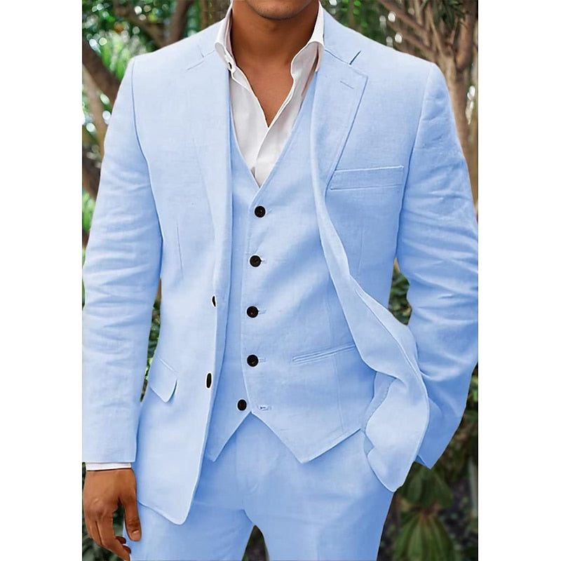 "Costume en lin 3 pièces pour homme avec blazer, gilet et pantalon élégant beige"