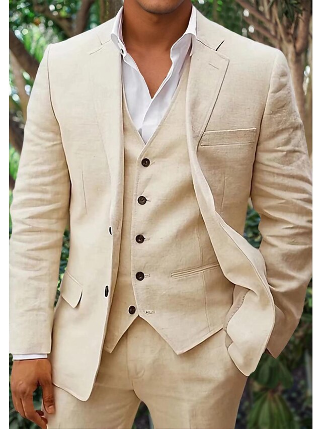 "Costume en lin 3 pièces pour homme avec blazer, gilet et pantalon élégant beige"