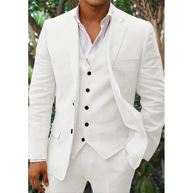 "Costume en lin 3 pièces pour homme avec blazer, gilet et pantalon élégant beige"