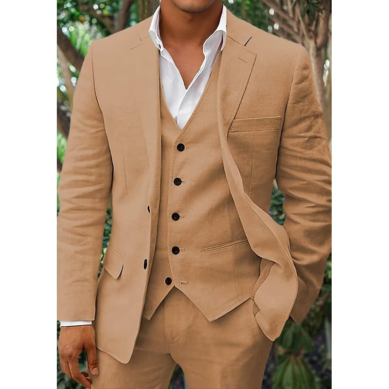 "Costume en lin 3 pièces pour homme avec blazer, gilet et pantalon élégant beige"