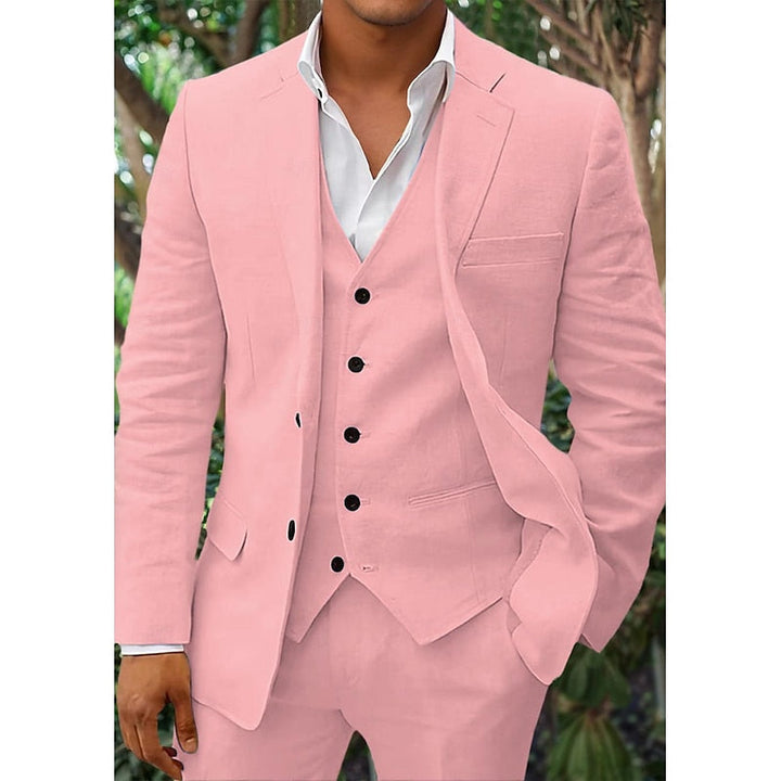 "Costume en lin 3 pièces pour homme avec blazer, gilet et pantalon élégant beige"