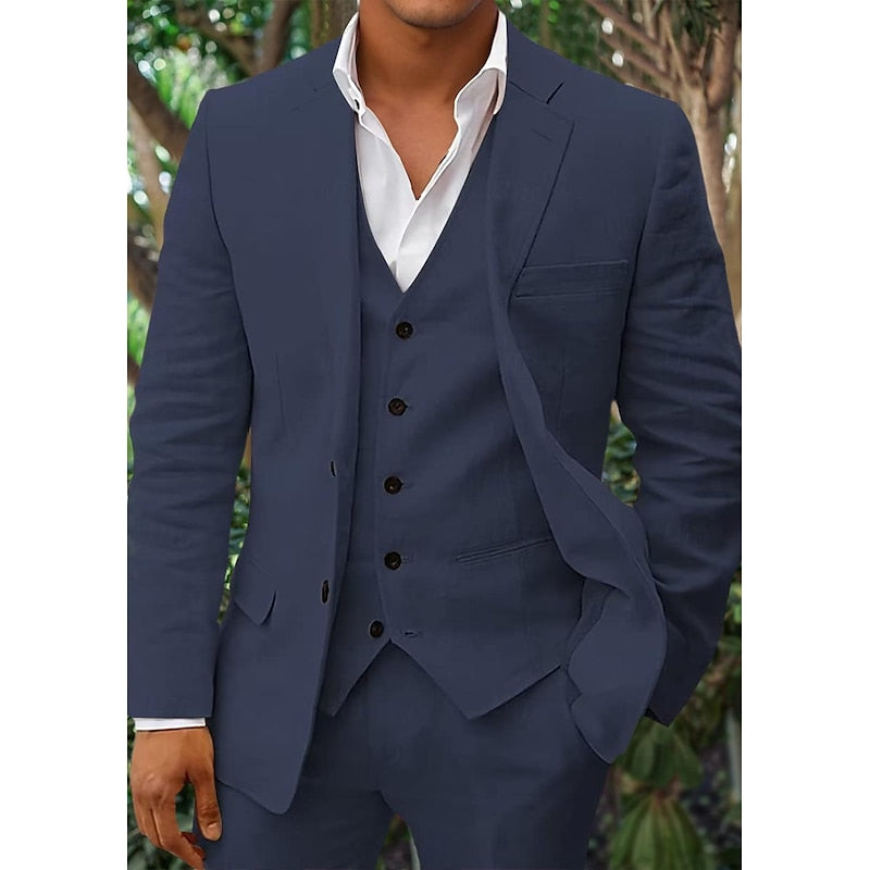 "Costume en lin 3 pièces pour homme avec blazer, gilet et pantalon élégant beige"